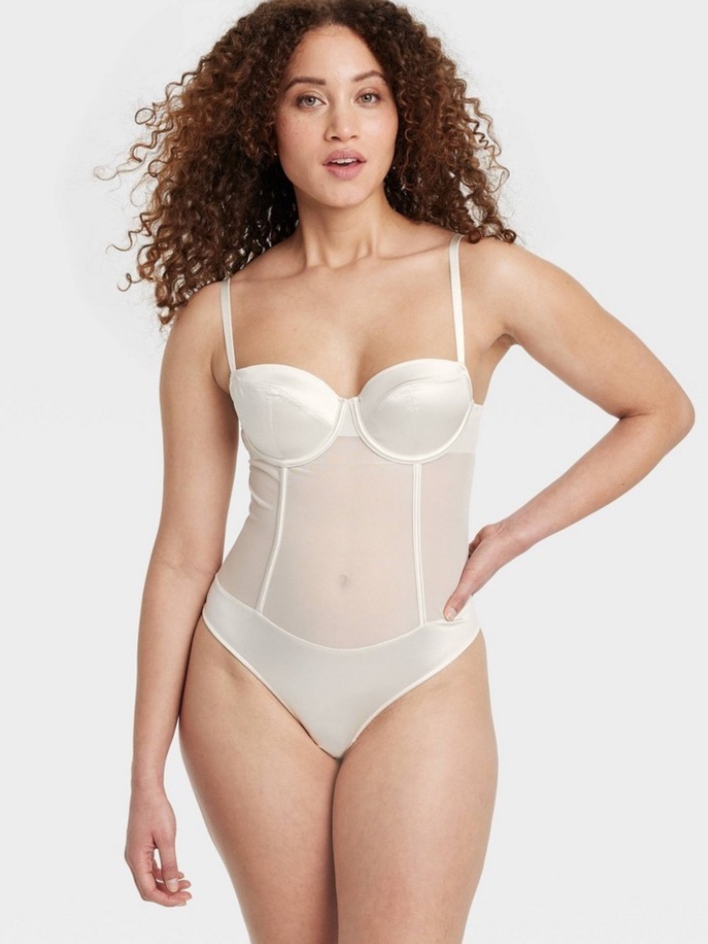 Women's Satin and Mesh Lightly Lined Lingerie Bodysuit - Auden™ Cream XL